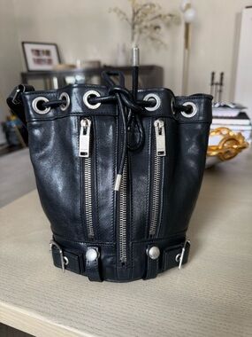 Saint Laurent Paris Black Leather Drawstring Bucket Bag with Silver Hardware